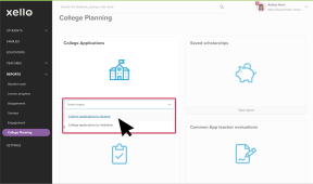College Planning page in Xello. In the College Applications tile, the "Select Report" menu is open with "College Applications by Student" selected